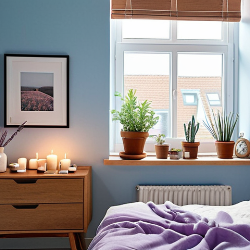 **A cozy bedroom with pastel blue walls, featuring wooden furniture, soft, indirect lighting from dimmable lamps and candles, and a diffuser emitting lavender essential oil. The room is tidy and minimalist, with personal touches like framed travel photos and potted plants on the windowsill.** (Style: Calm, serene, inviting; Focus: Atmosphere, details)