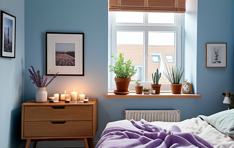 **A cozy bedroom with pastel blue walls, featuring wooden furniture, soft, indirect lighting from dimmable lamps and candles, and a diffuser emitting lavender essential oil. The room is tidy and minimalist, with personal touches like framed travel photos and potted plants on the windowsill.** (Style: Calm, serene, inviting; Focus: Atmosphere, details)