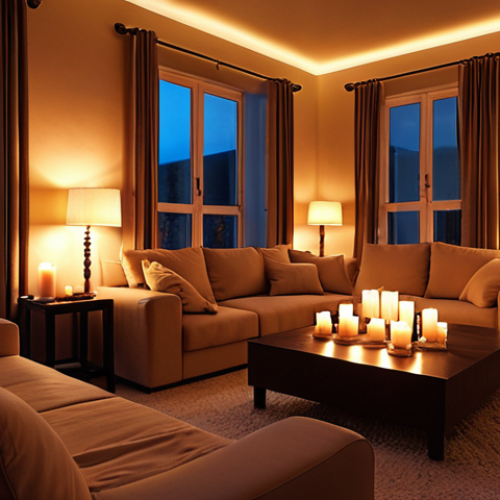 **

A cozy living room illuminated by warm, indirect lighting. Soft glowing LED strips highlight architectural details, while a few strategically placed candles flicker gently. Dimmable lamps create a relaxing atmosphere. Focus on a sense of comfort and relaxation.

**