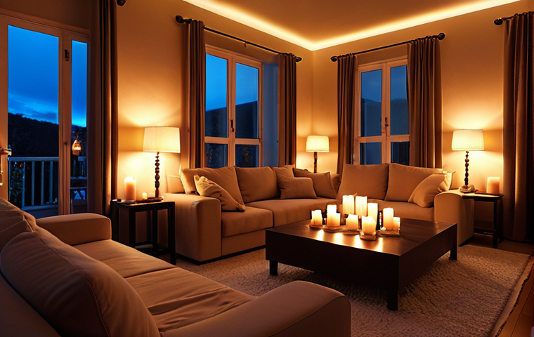 **

A cozy living room illuminated by warm, indirect lighting. Soft glowing LED strips highlight architectural details, while a few strategically placed candles flicker gently. Dimmable lamps create a relaxing atmosphere. Focus on a sense of comfort and relaxation.

**