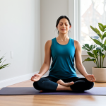 A serene, diverse adult person, fully clothed in modest, comfortable yoga attire, performing a gentle stretch on a high-quality yoga mat in a dedicated, uncluttered corner of a modern, well-lit living room. Natural daylight streams through a nearby window, illuminating a potted plant and a small stack of yoga blocks. The scene embodies a peaceful home practice. safe for work, appropriate content, perfect anatomy, correct proportions, natural pose, well-formed hands, proper finger count, natural body proportions, professional photography, high quality, family-friendly.