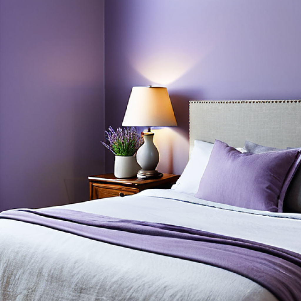 스트레스 관리에 유용한 집안의 디자인 요소 - Calming Bedroom Retreat**
"A serene bedroom with lavender walls, a comfortable bed with linen beddi...