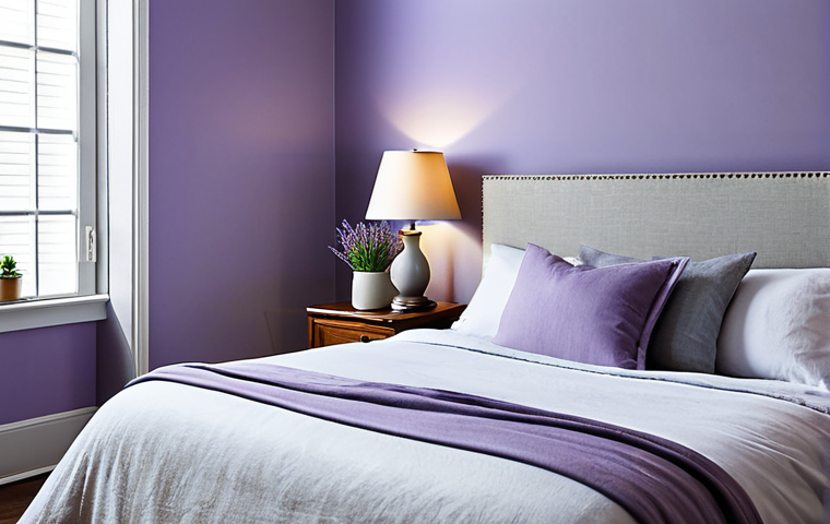 스트레스 관리에 유용한 집안의 디자인 요소 - Calming Bedroom Retreat**
"A serene bedroom with lavender walls, a comfortable bed with linen beddi...