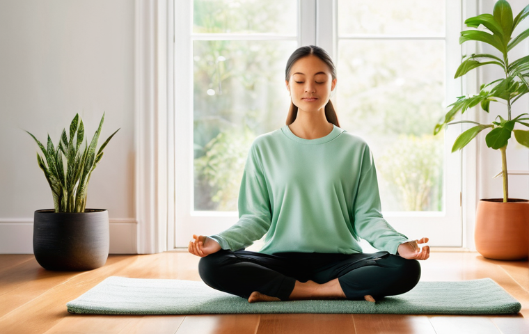 집에서 할 수 있는 힐링 명상 프로그램 - **"A serene and inviting home meditation space. A person in their late 20s to early 40s, wearing a c...
