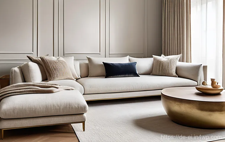 편안함을 주는 집안의 패브릭 선택 방법 - **Prompt 1: Quiet Luxury Living Room with Tactile Textures**
    A luxurious and serene living room ...