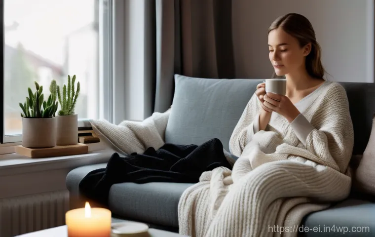 스트레스 완화에 좋은 향초 추천 - **Prompt:** A cozy, serene scene inside a modern German living room during the early evening. A woma...