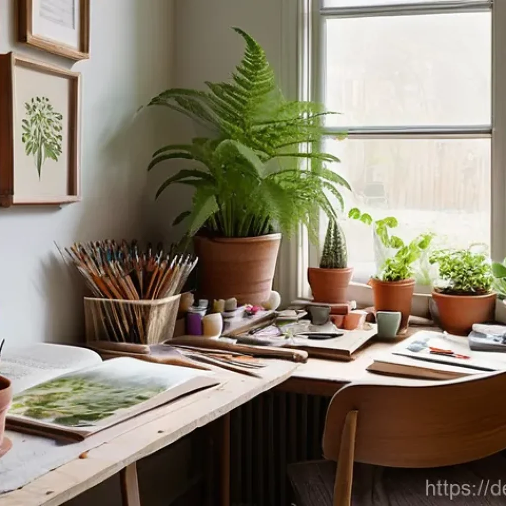 스트레스 해소를 위한 개인화된 예술 공간 - **Prompt:** A cozy and inviting artist's studio bathed in warm, soft natural light streaming through...