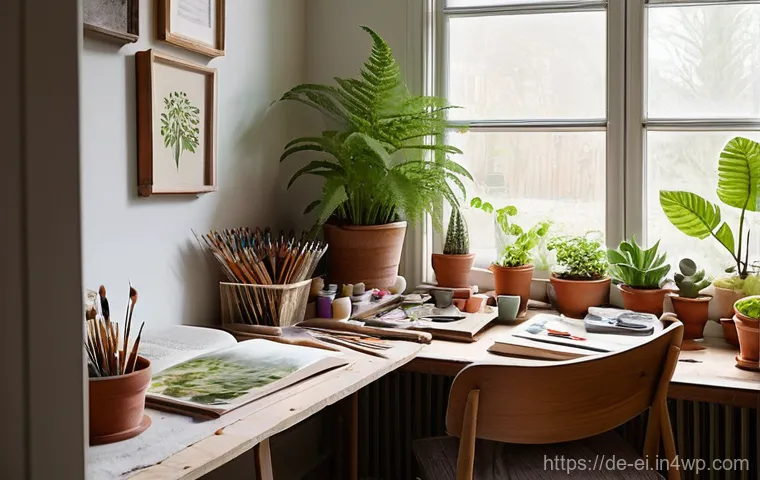 스트레스 해소를 위한 개인화된 예술 공간 - **Prompt:** A cozy and inviting artist's studio bathed in warm, soft natural light streaming through...