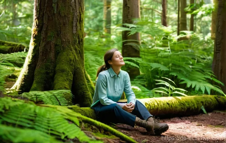 스트레스 관리를 위한 힐링 프로그램 구성 - **Mindful Forest Retreat:**
A serene and peaceful image of a young adult woman, appearing to be ...