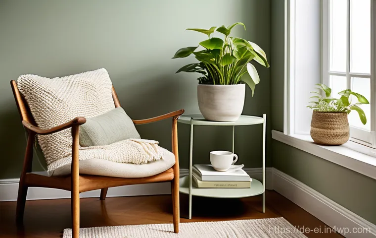 편안한 심리를 위한 집안의 인테리어 전략 - **A tranquil and inviting reading nook, bathed in soft, warm natural light. The centerpiece is a com...