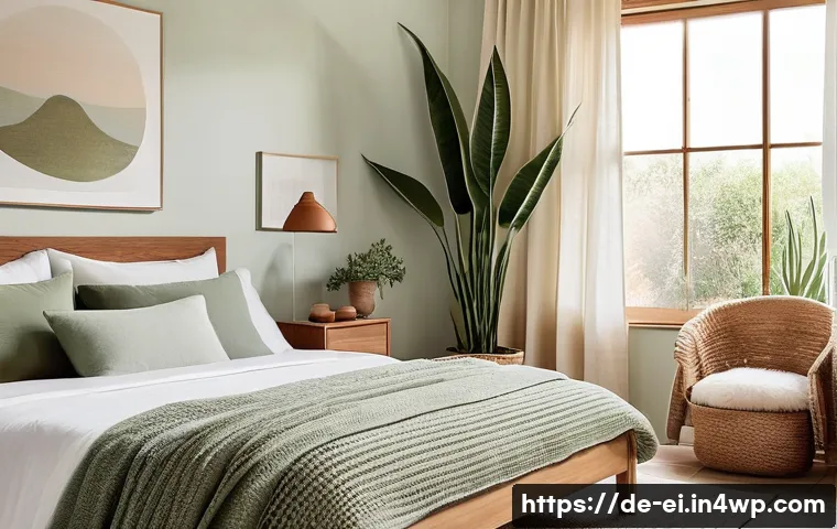 아늑한 침실 만들기로 스트레스 감소하기 - **A Serene & Naturally Lit Bedroom Oasis:**
"A cozy and serene bedroom bathed in soft, warm morn...