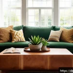 Home 22 편안한 집안 환경을 위한 소품 추천 - Cozy living room scene featuring a thick, textured wool blanket draped over a modern beige sofa, sur...
