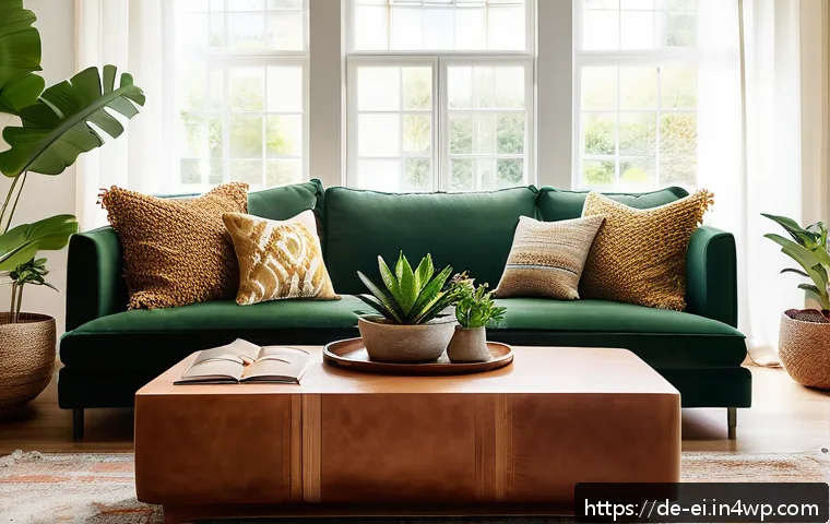 편안한 집안 환경을 위한 소품 추천 - Cozy living room scene featuring a thick, textured wool blanket draped over a modern beige sofa, sur...