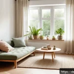 Home 21 스스로를 위한 힐링 공간 만들기 - A cozy personal retreat corner in a modern German apartment, featuring natural elements like wooden ...