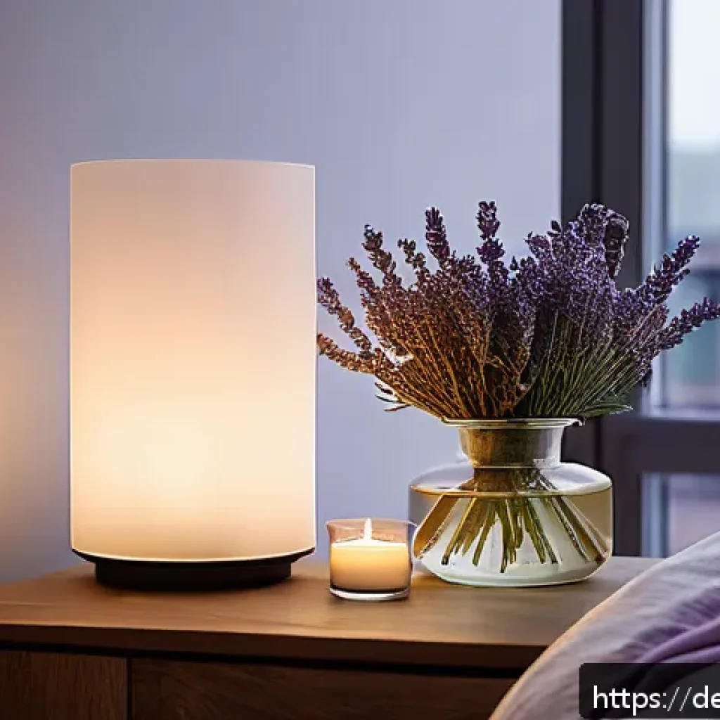 아로마 테라피로 스트레스 해소하기 - A serene, cozy bedroom scene in a modern German apartment during evening twilight, featuring a diffu...