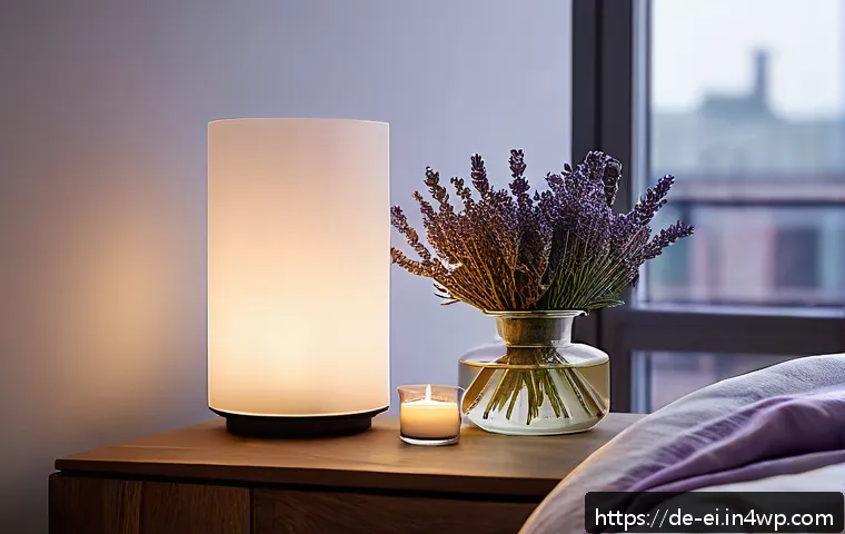 아로마 테라피로 스트레스 해소하기 - A serene, cozy bedroom scene in a modern German apartment during evening twilight, featuring a diffu...