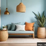 Home 19 개인적인 느낌의 자기만의 공간 만들기 - Cozy reading nook interior with a bright sky-blue painted wall, warm natural oak wooden furniture, s...