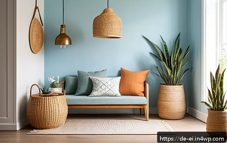 개인적인 느낌의 자기만의 공간 만들기 - Cozy reading nook interior with a bright sky-blue painted wall, warm natural oak wooden furniture, s...
