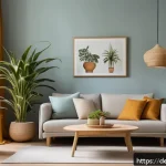 Home 23 감정적 안정감을 위한 인테리어 포인트 - A cozy living room interior featuring a large pastel blue wall as the backdrop, complemented by natu...