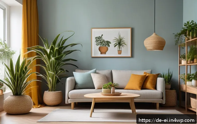 감정적 안정감을 위한 인테리어 포인트 - A cozy living room interior featuring a large pastel blue wall as the backdrop, complemented by natu...