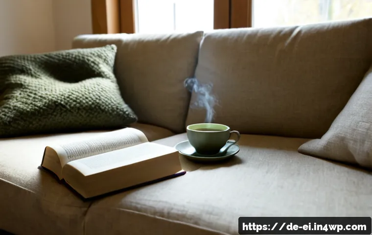 Home 17 심리적 안정감을 주는 패브릭 선택 방법 - Photorealistic calm German home living room, a comfortable beige linen sofa with soft wool throw and...