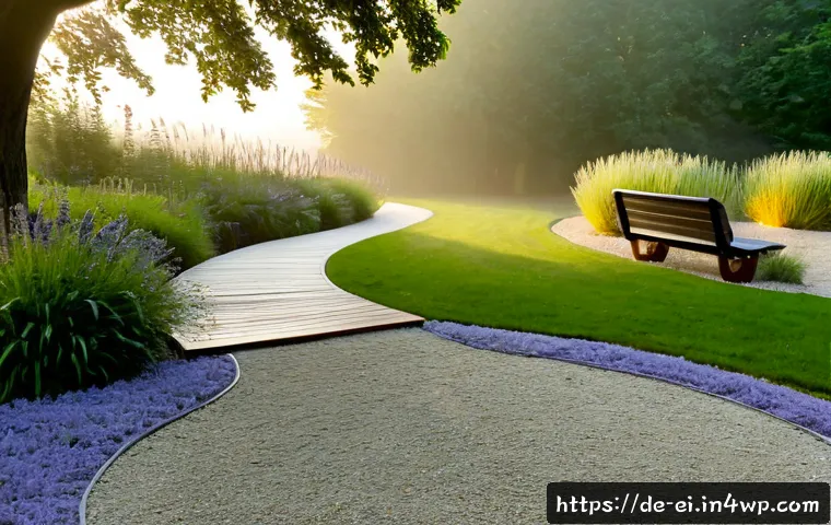 스트레스 완화에 효과적인 조경 아이디어 - Photorealistic tranquil German backyard garden designed for stress relief, a curved gravel path besi...